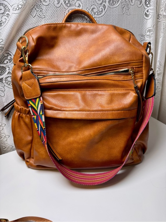 Handbags - Convertible Vegan Leather Backpack Tote in Cognac with Woven Guitar Strap
